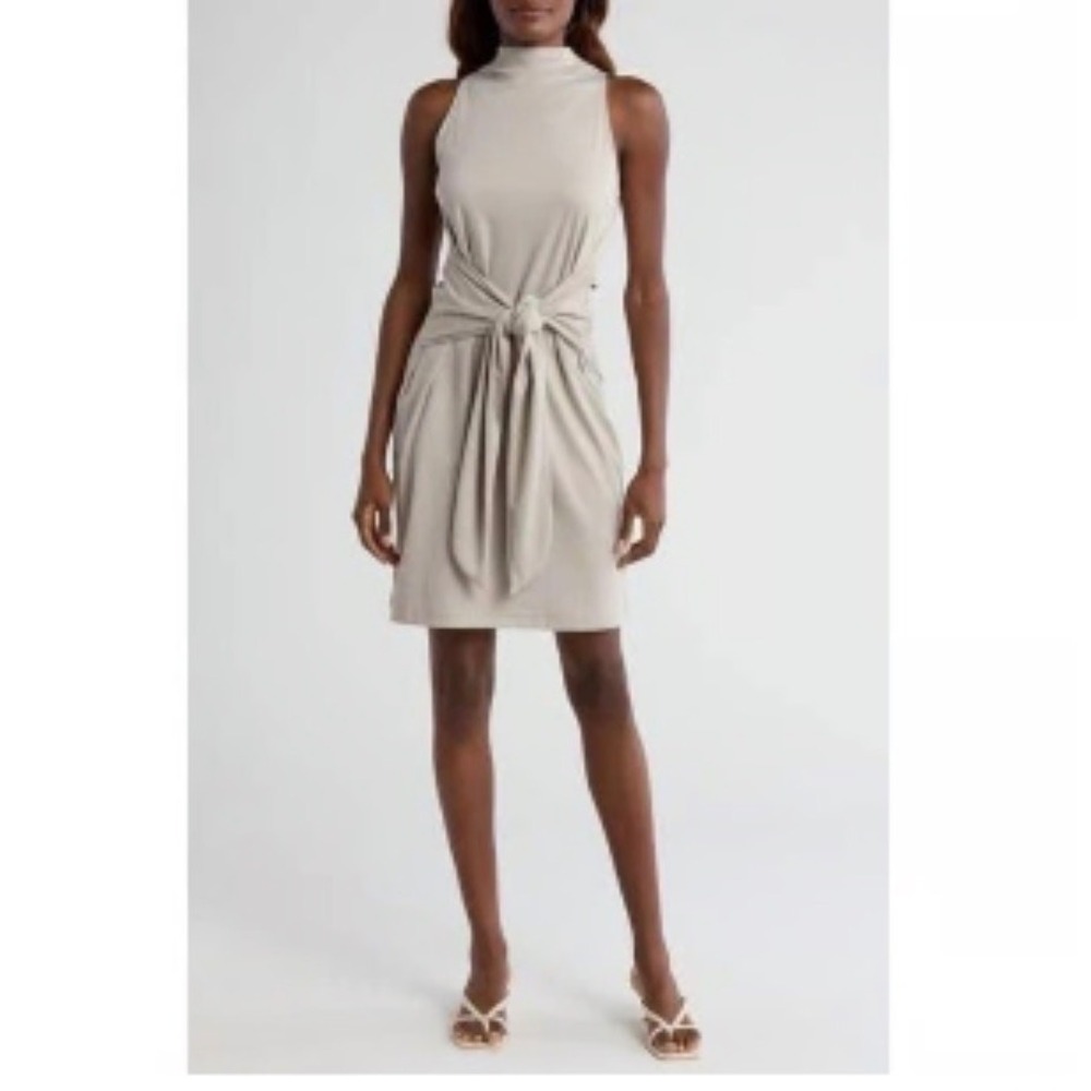 Vince Pima Cotton Mock Neck Front Tie Dress Peyote VO30584553 L